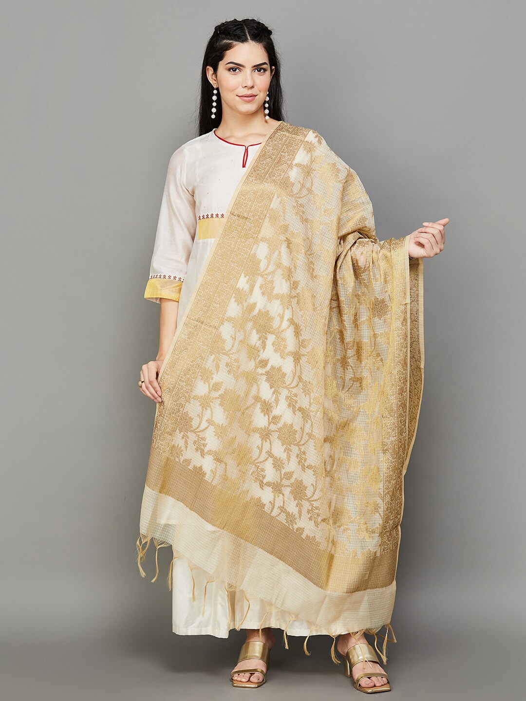 

Melange by Lifestyle Floral Woven Design Tasseled Cotton Dupatta, Beige