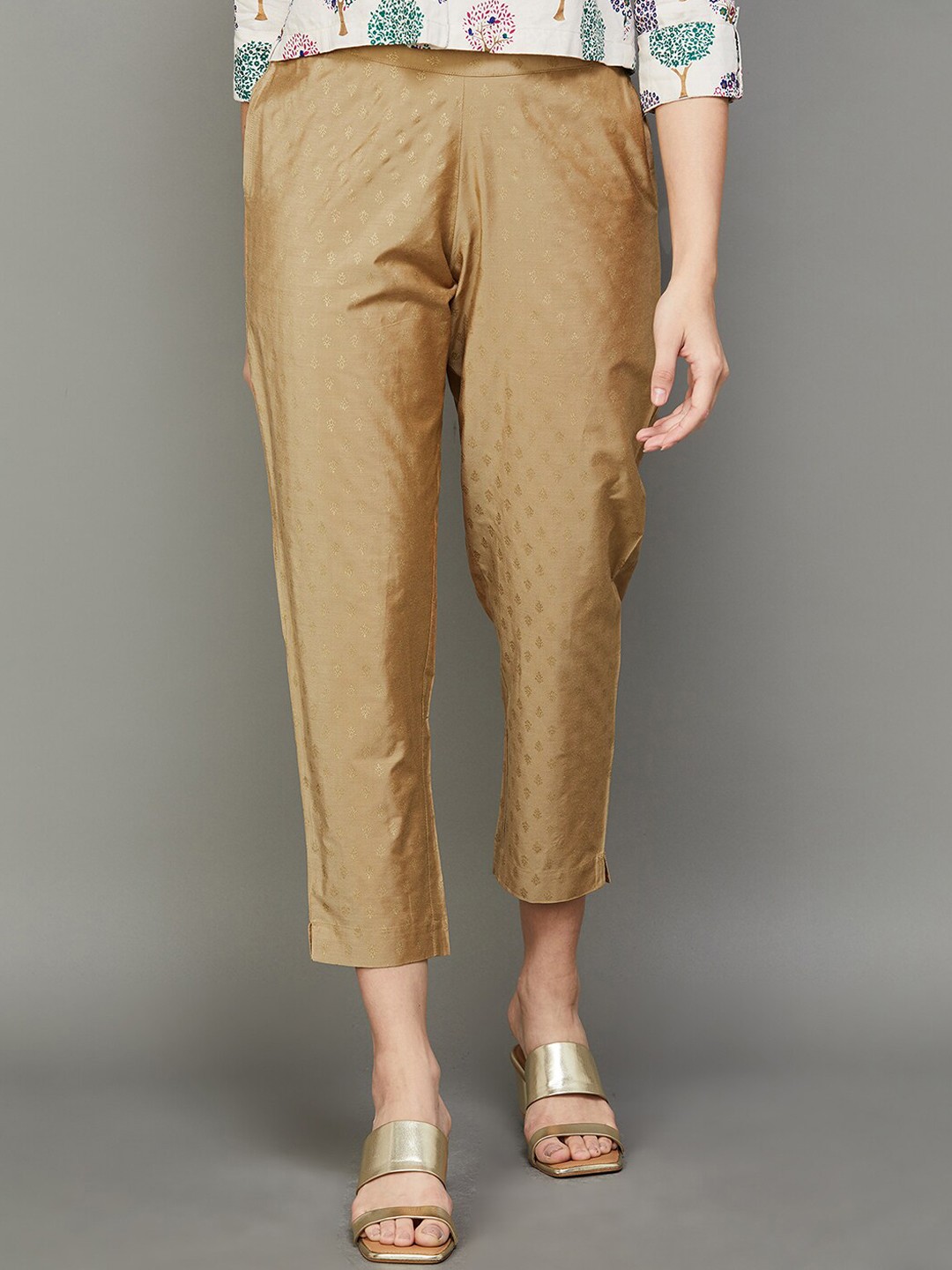

Melange by Lifestyle Women Ethnic Woven Design Mid-Raise Regular Fit Casual Crop Trousers, Gold