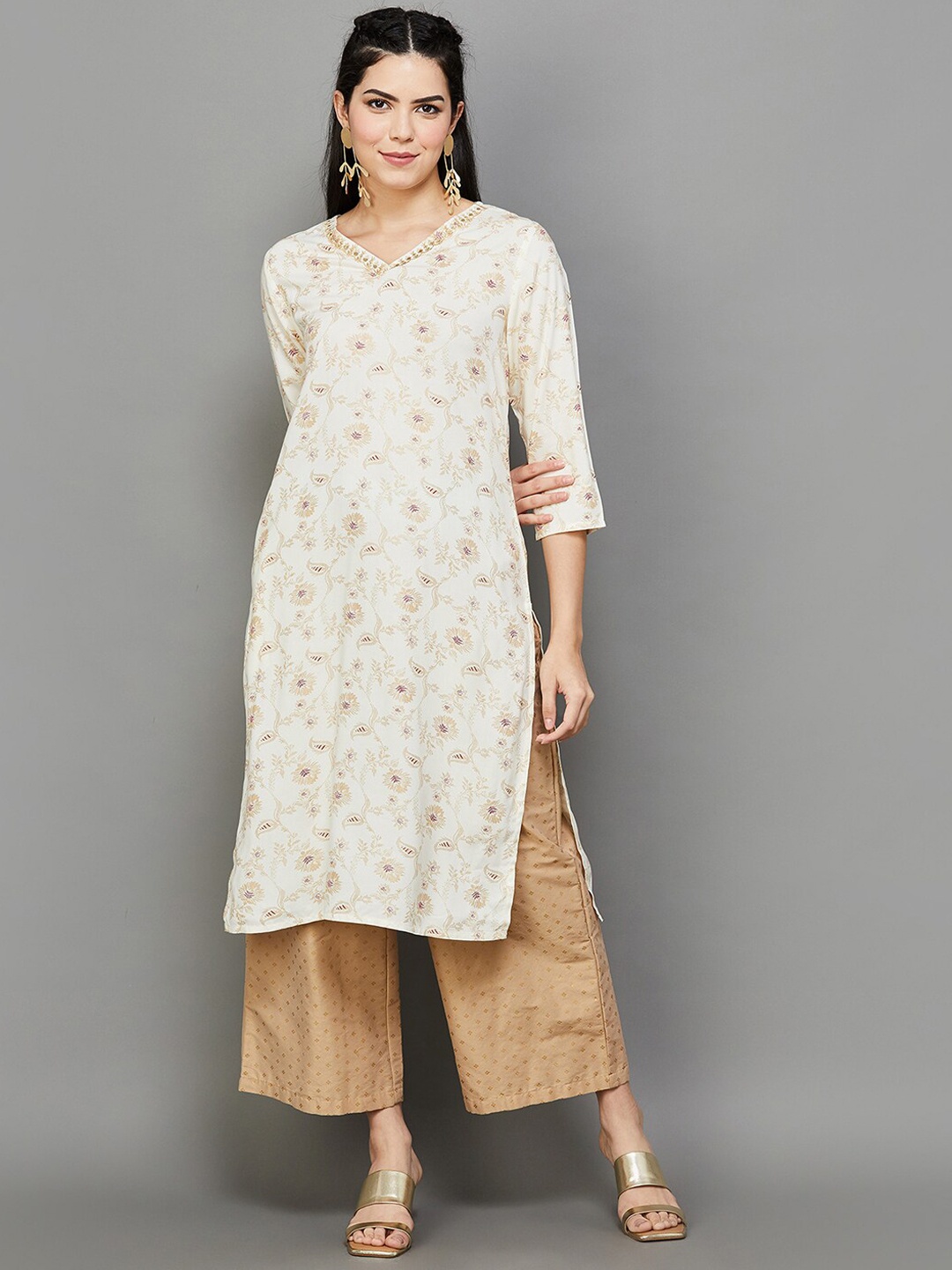 

Melange by Lifestyle Floral Printed V-Neck Straight Kurta, Off white