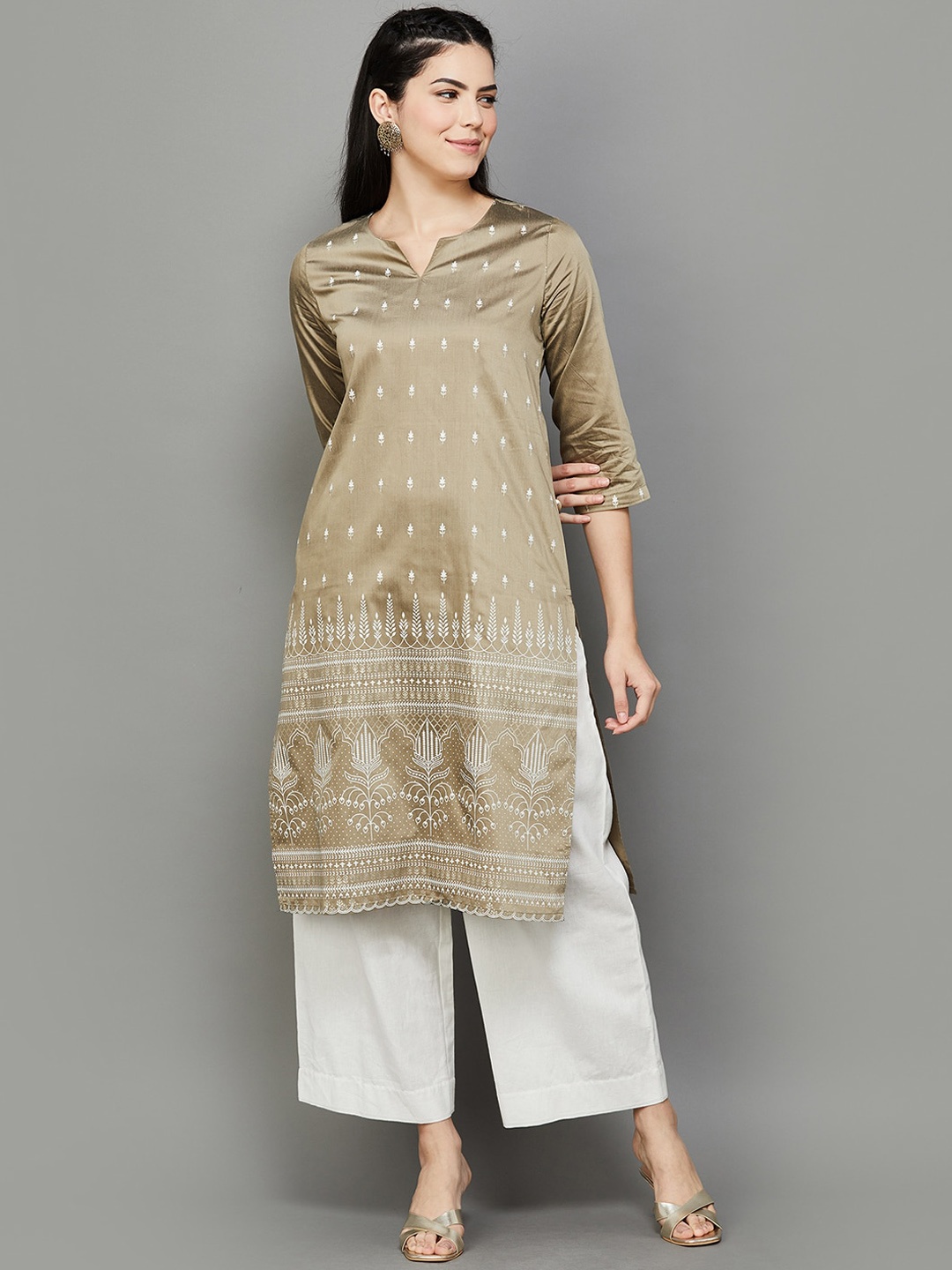 

Melange by Lifestyle Floral Printed Round Neck Straight Kurta, Yellow
