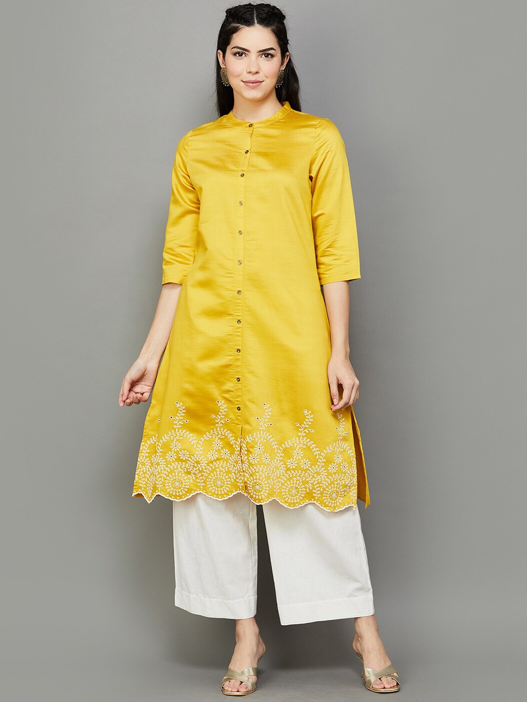 

Melange by Lifestyle Embroidered Band Collar Straight Cotton Kurta, Mustard