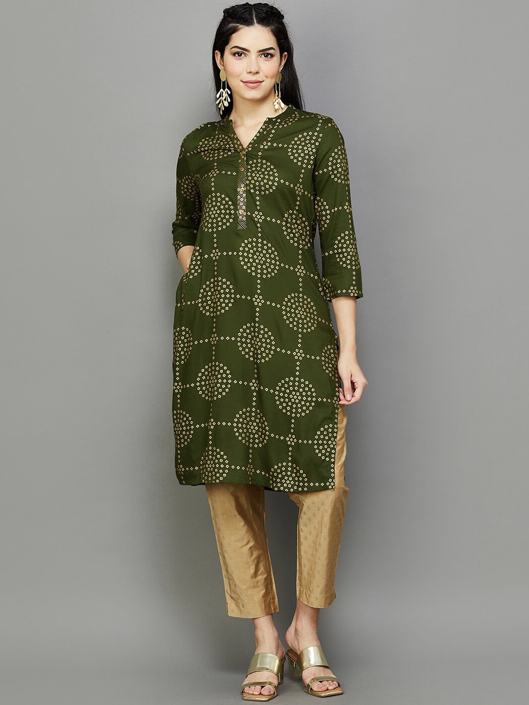 

Melange by Lifestyle Geometric Printed Mandarin Collar Straight Regular Kurta, Green