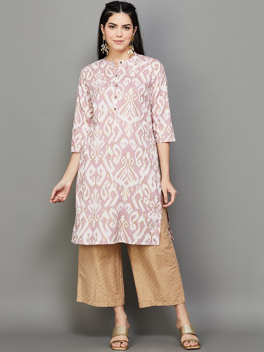 

Melange by Lifestyle Ethnic Motifs Printed Mandarin Collar Straight Kurta, Pink