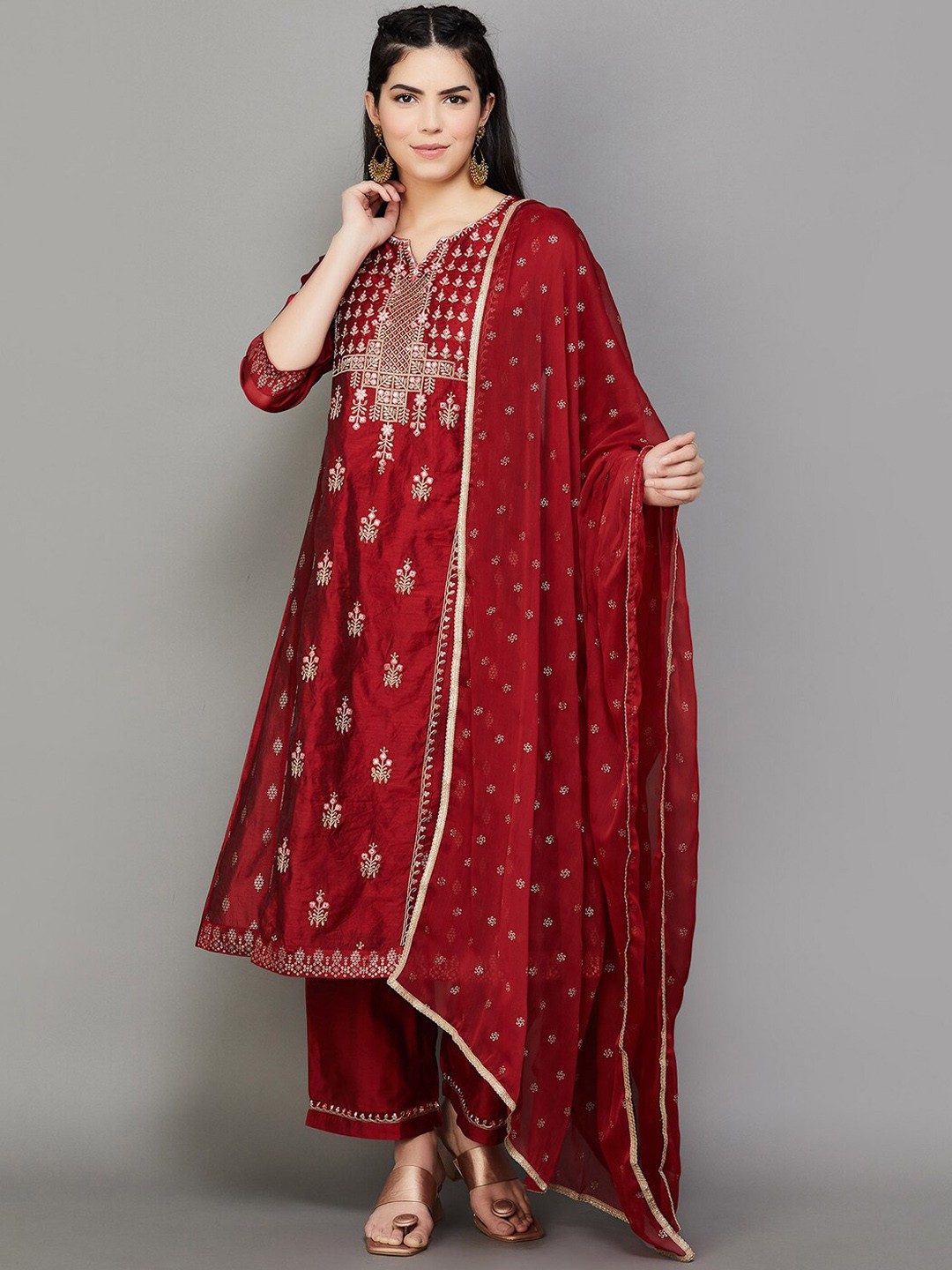 

Melange by Lifestyle Ethnic Motifs Embroidered Zari Kurta with Trousers & With Dupatta, Red