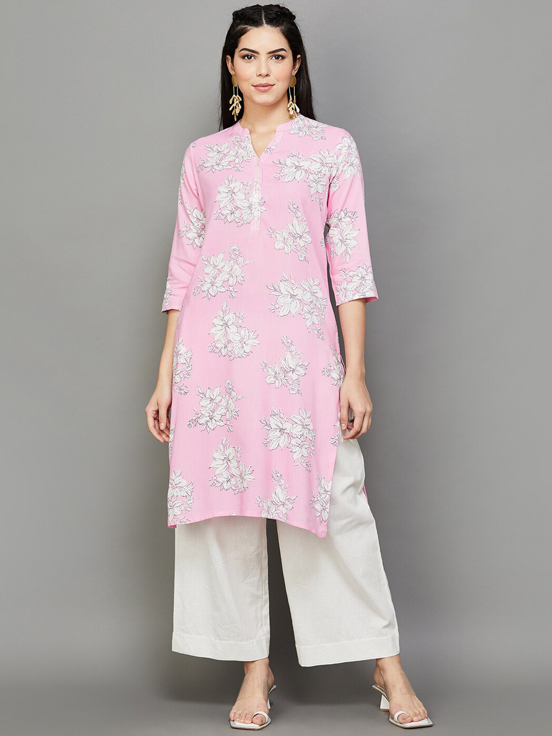 

Melange by Lifestyle Floral Printed Mandarin Collar Straight Kurta, Pink