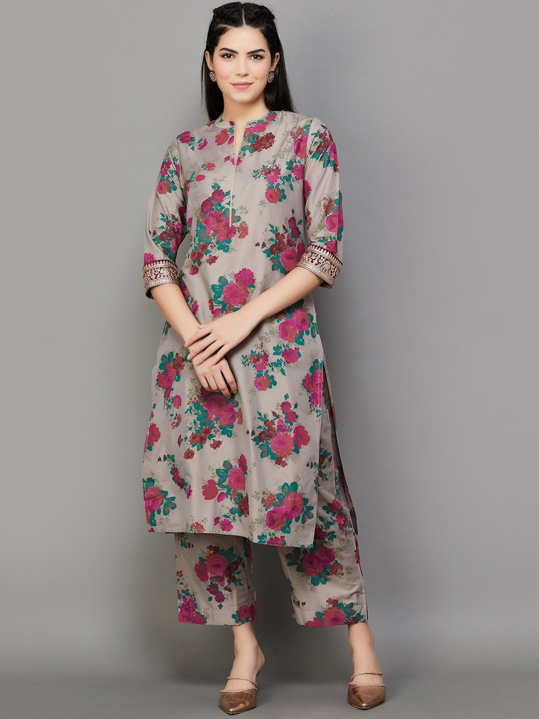 

Melange by Lifestyle Floral Regular Thread Work Kurta With Palazzos, Grey