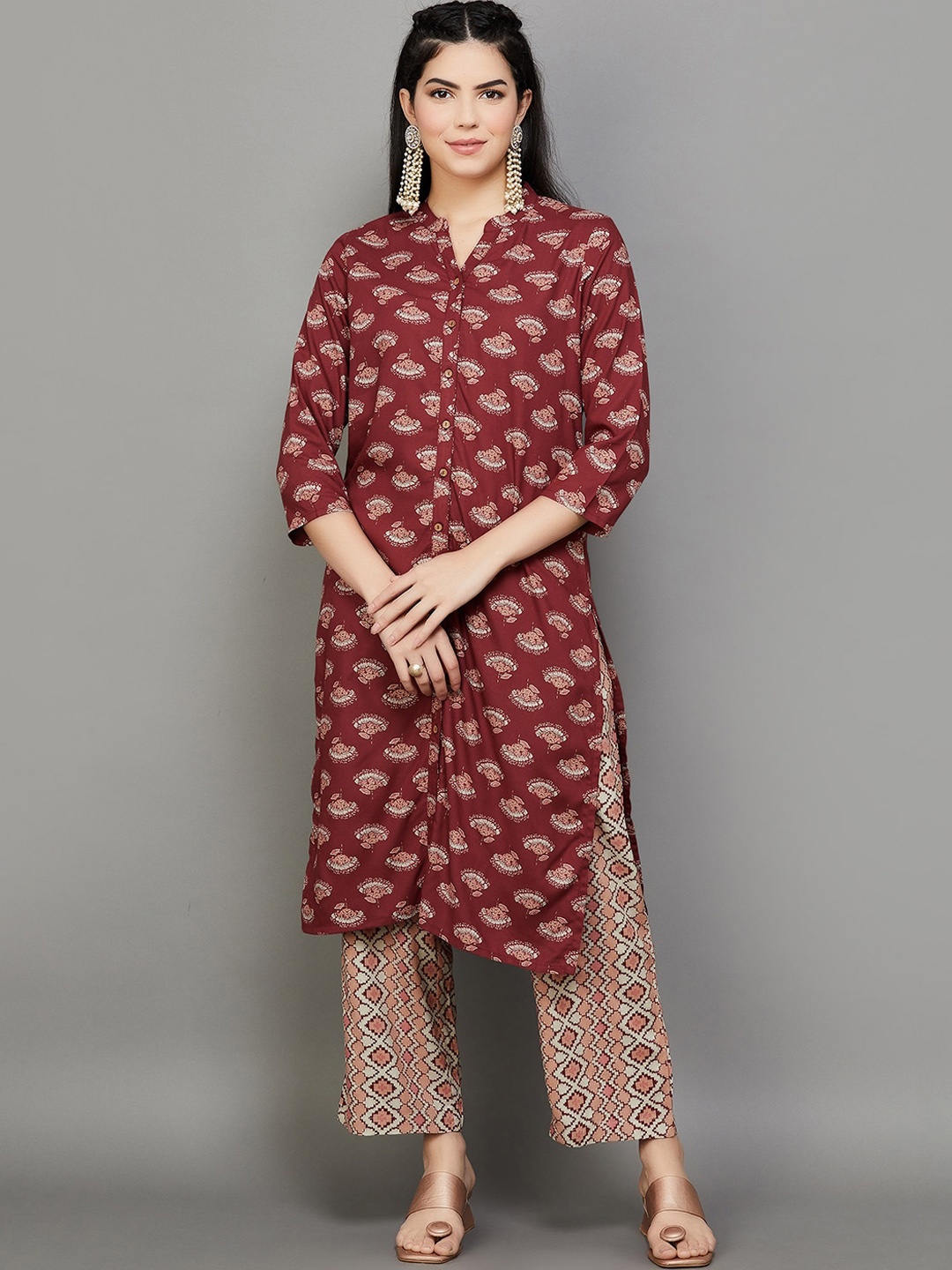 

Melange by Lifestyle Ethnic Motifs Printed Mandarin Collar Kurta with Palazzos, Maroon