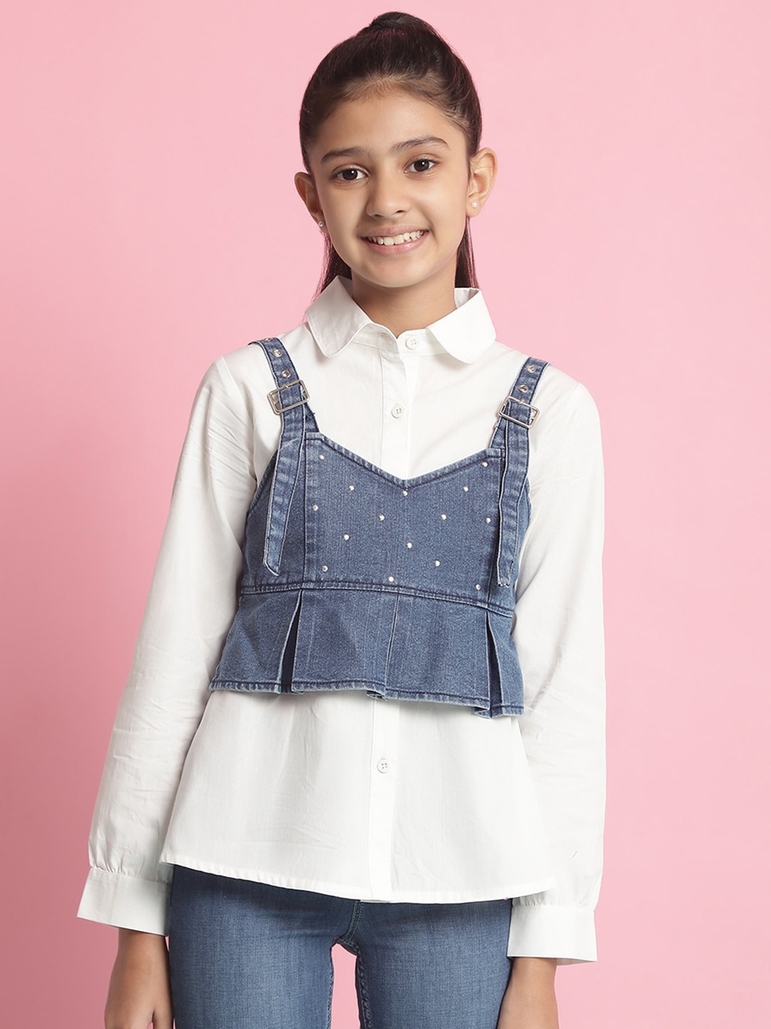 

Nauti Nati Girls Standard Tailored Fit Casual Shirt With Denim Corset, White