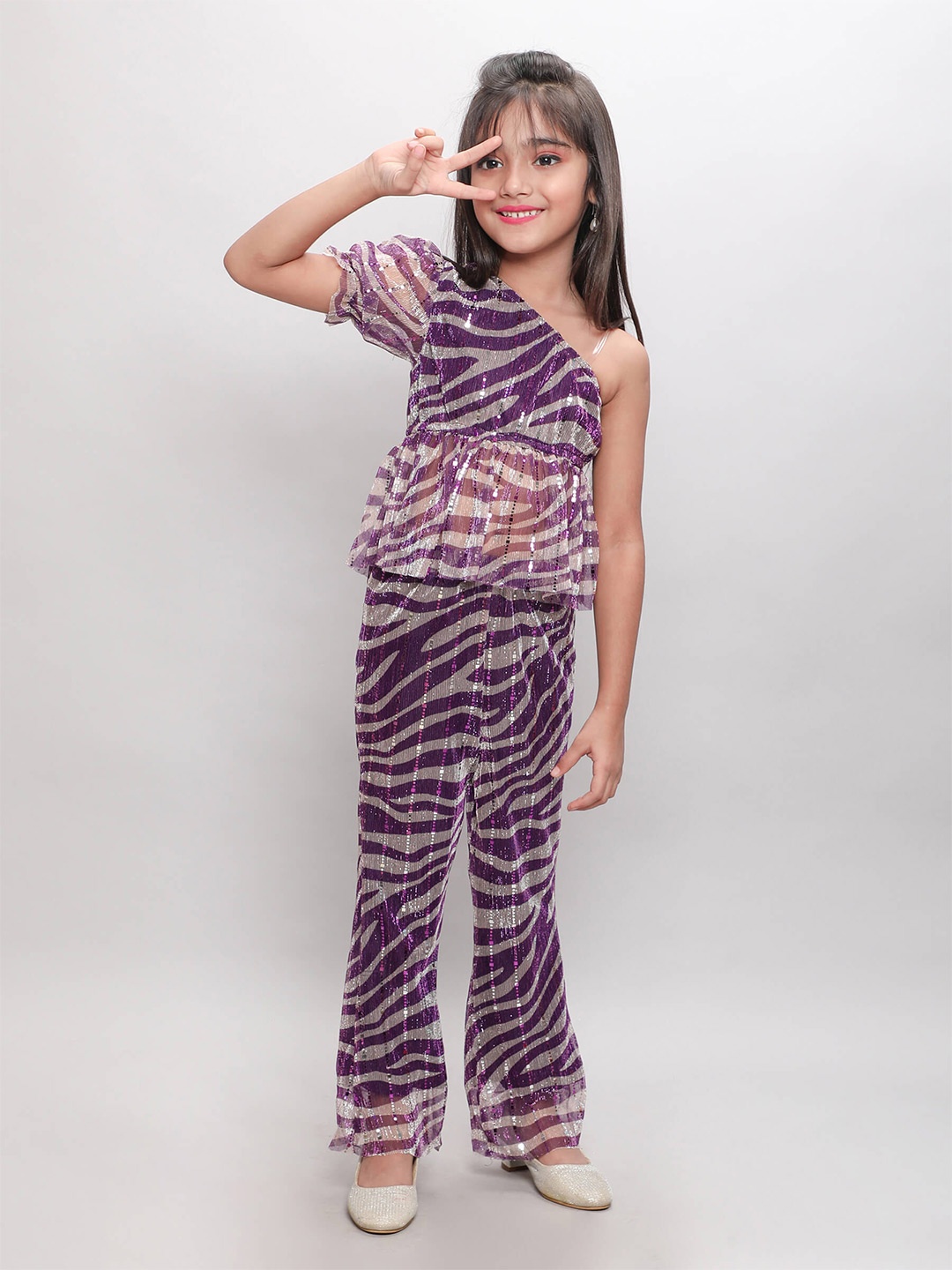 

taffykids Girls One Shoulder Embellished Top with Palazzos, Purple