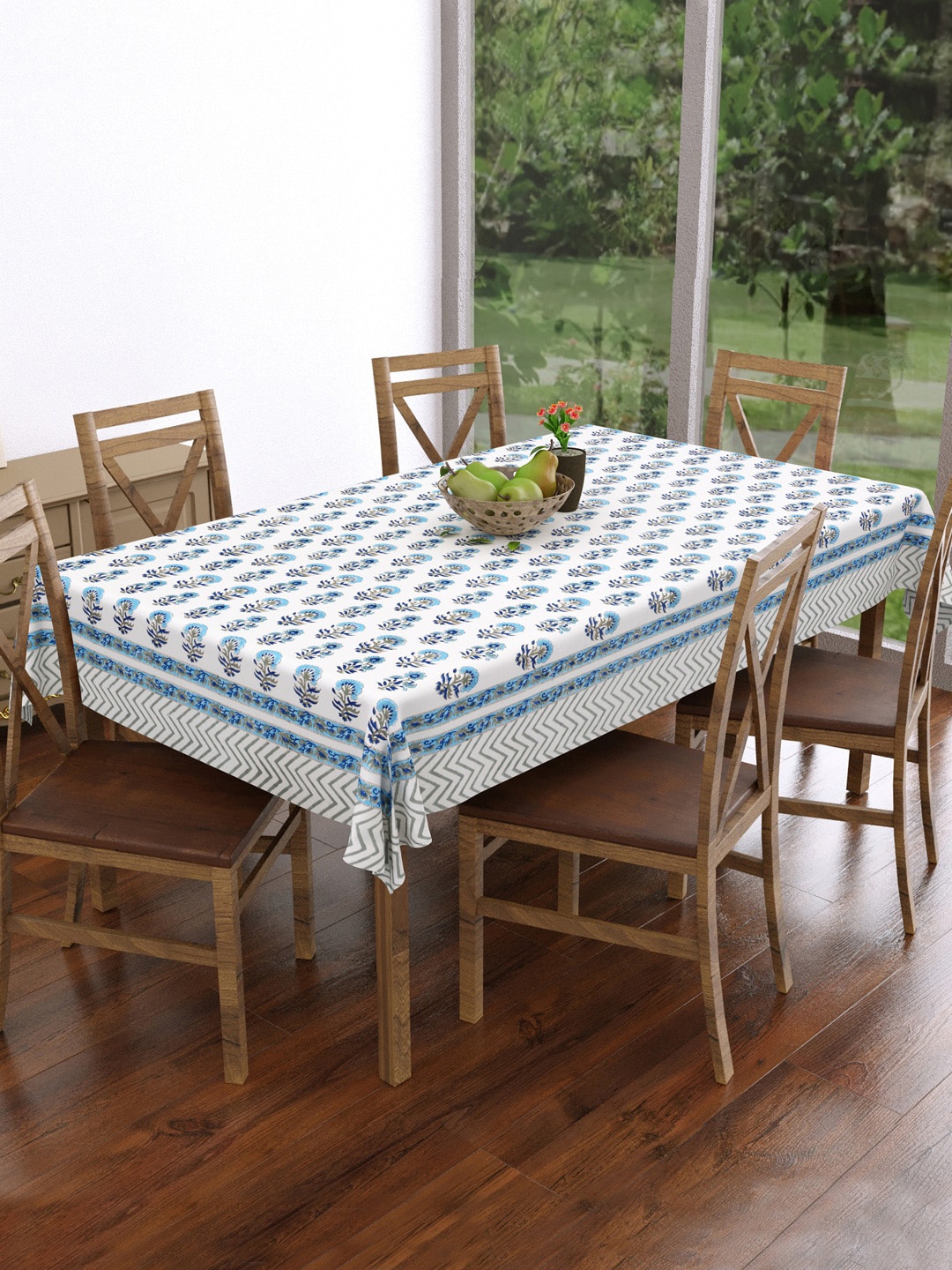 

BLOCKS OF INDIA White & Blue Ethnic Motifs Pure Cotton Rectangular 6-Seater Table Cover