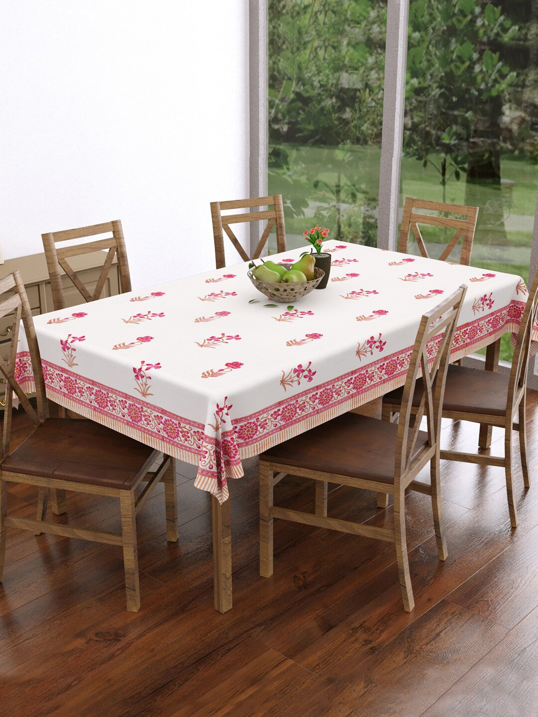 

BLOCKS OF INDIA White & Pink Ethnic Motifs Pure Cotton Rectangular 6-Seater Table Cover