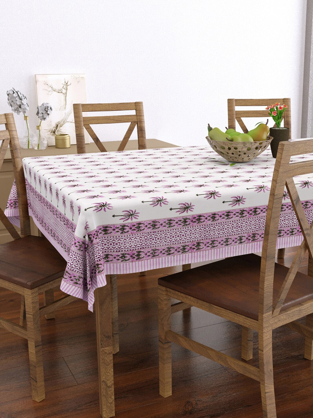 

BLOCKS OF INDIA White & Purple Block Print Pure Cotton Rectangular 6-Seater Table Cover