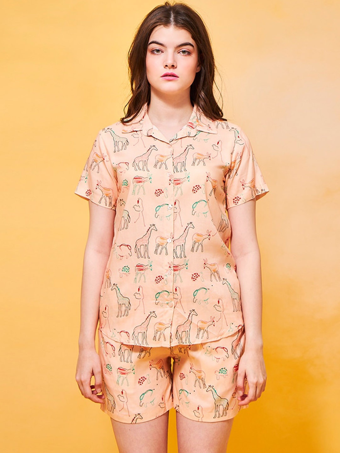 

July Women Printed Shirt With Shorts, Peach