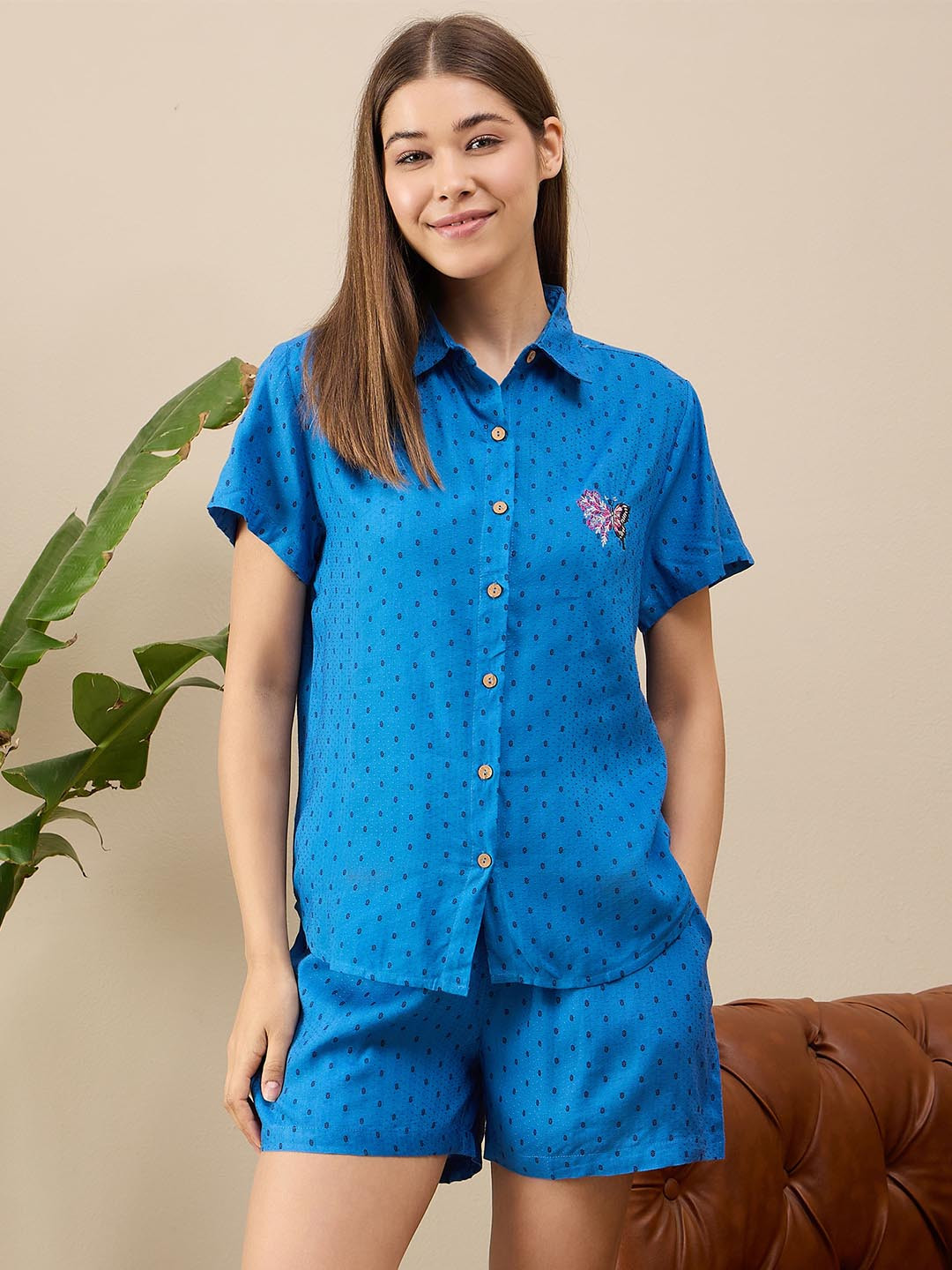 

July Polka Dot Printed Nightsuit, Blue