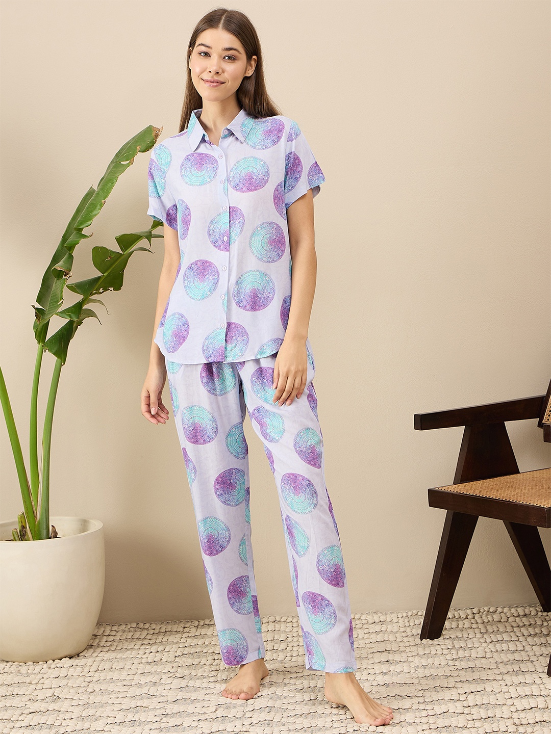 

July Printed Shirt With Pyjamas, Lavender