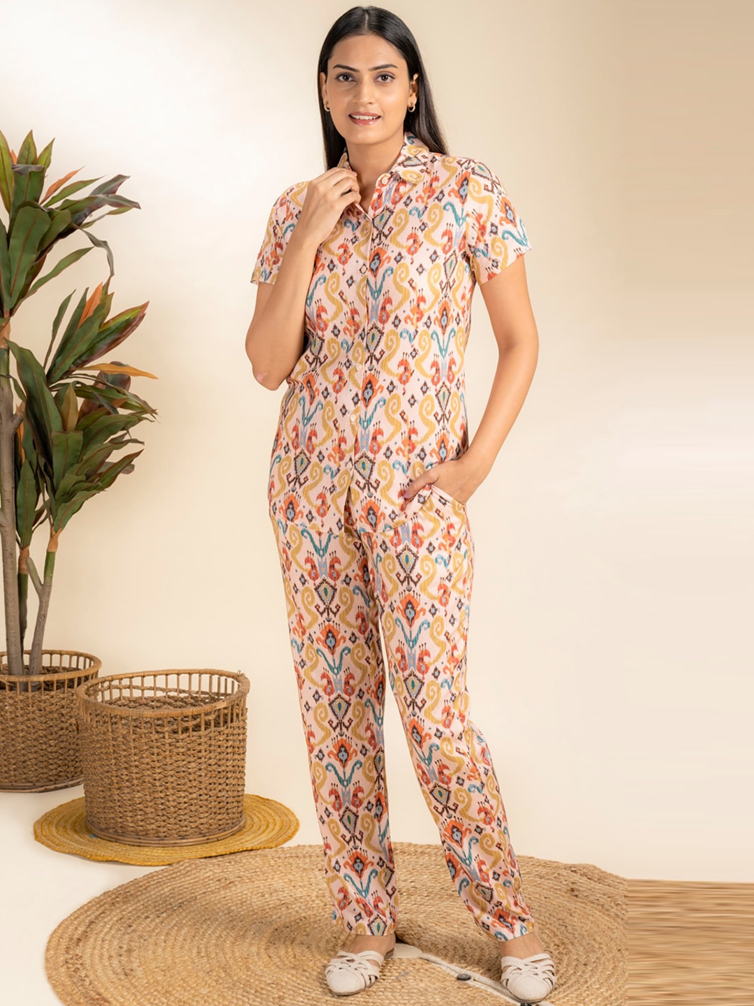 

July Ethnic Motifs Printed Shirt Collar Shirt & Pyjama, Beige