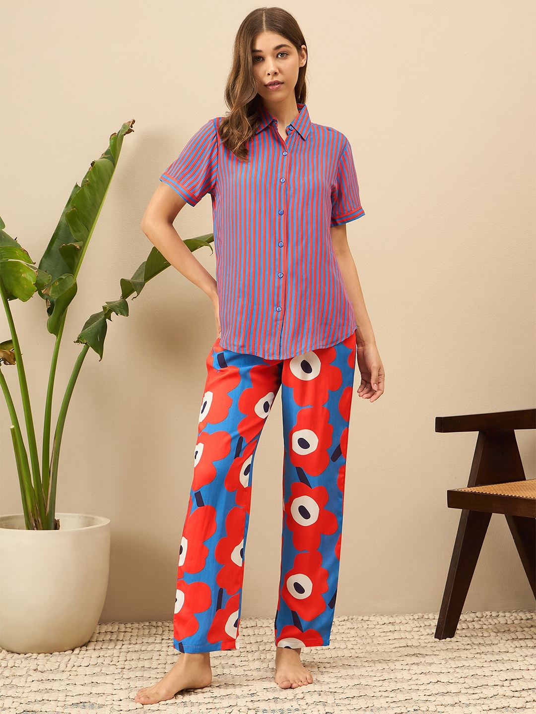 

July Striped Shirt Collar Shirt With Pyjamas, Blue