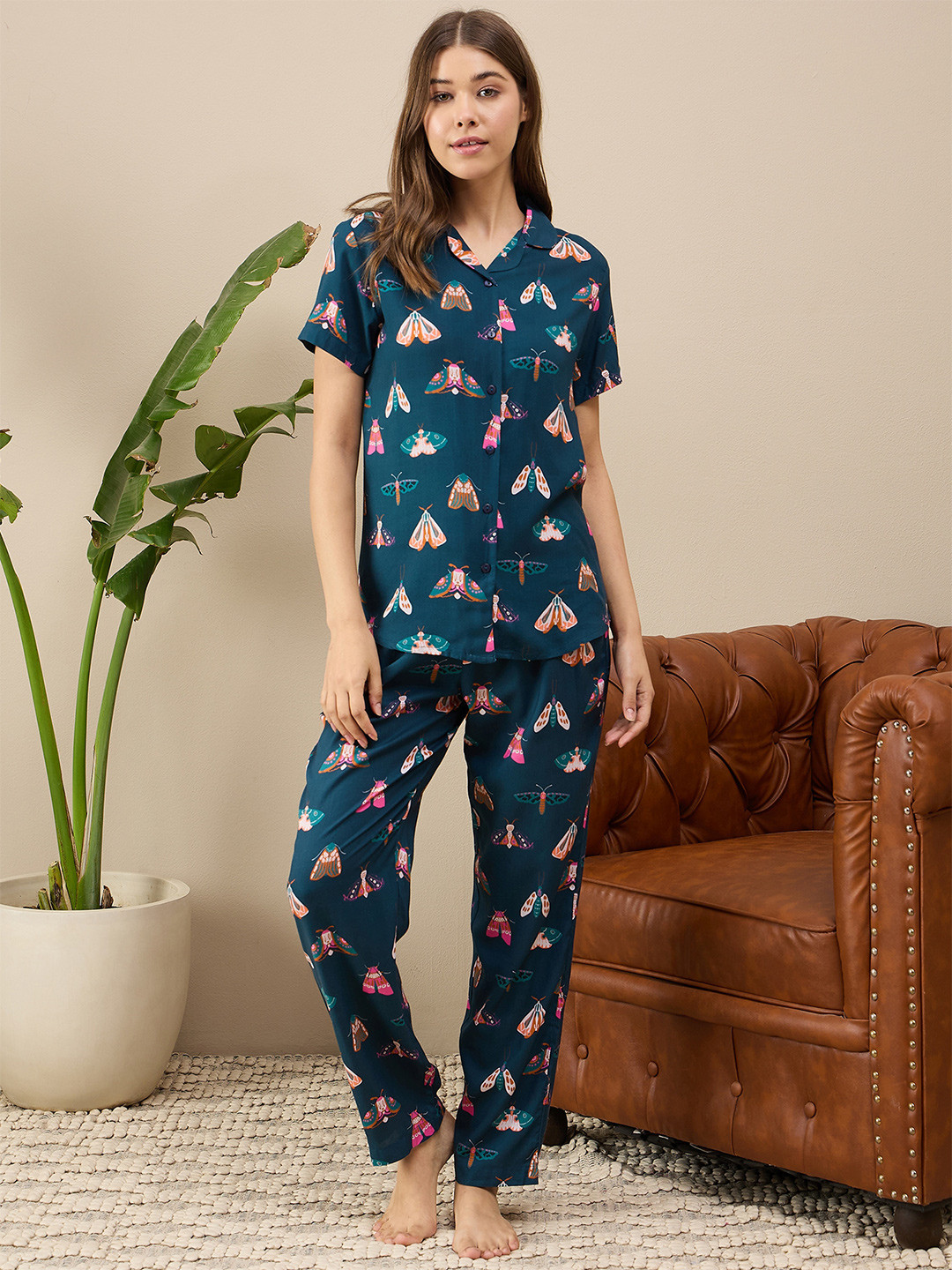 

July Conversational Printed Lapel Collar Night suit, Blue