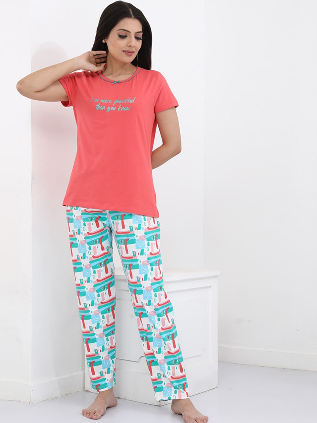 

July Typography Printed Round Neck Night suit, Pink