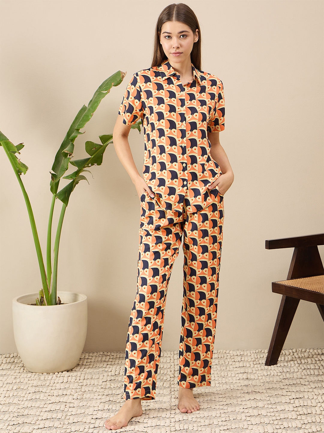 

July Conversational Printed Shirt With Pyjamas, Black