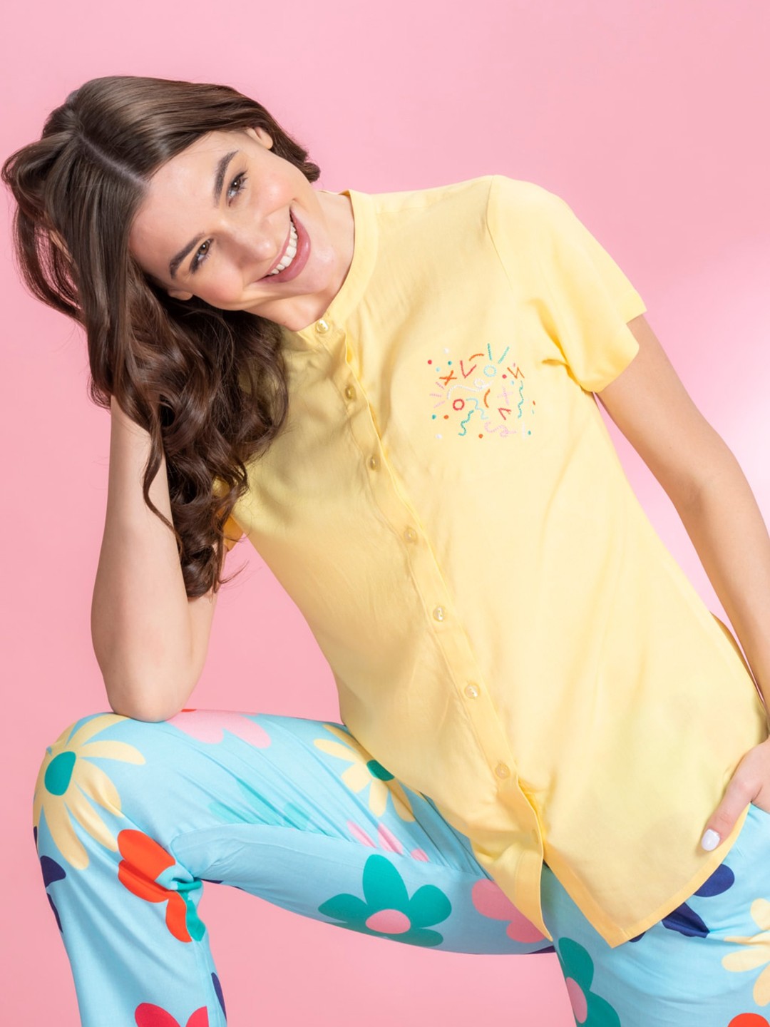 

July Floral Printed Mandarin Collar Night suit, Blue