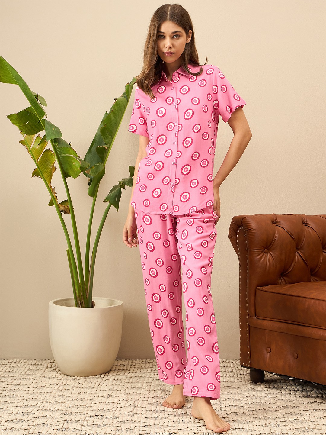 

July Geometric Printed Shirt With Pyjamas, Pink