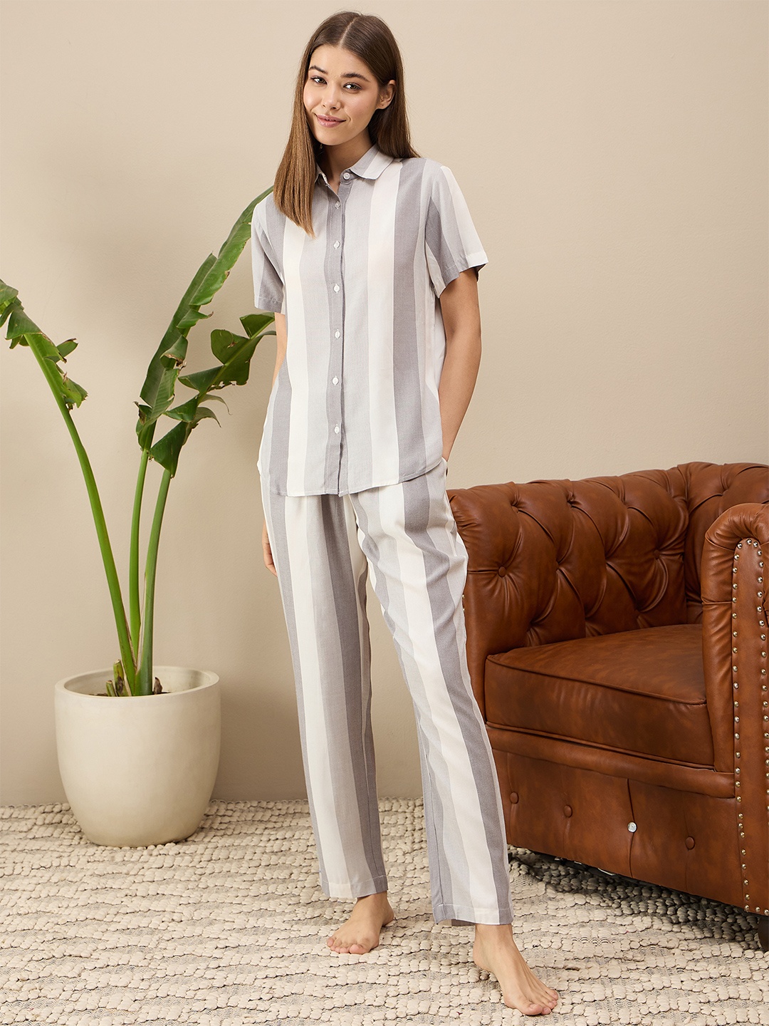

July Striped Shirt Collar Shirt & Pyjama, Grey