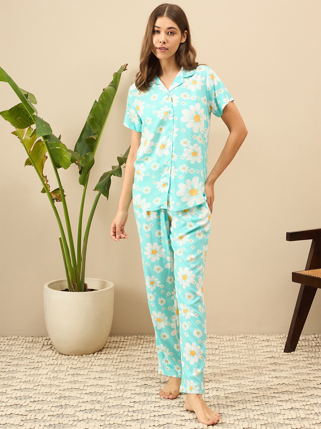 

July Floral Printed Lapel Collar Shirt & Pyjama, Blue