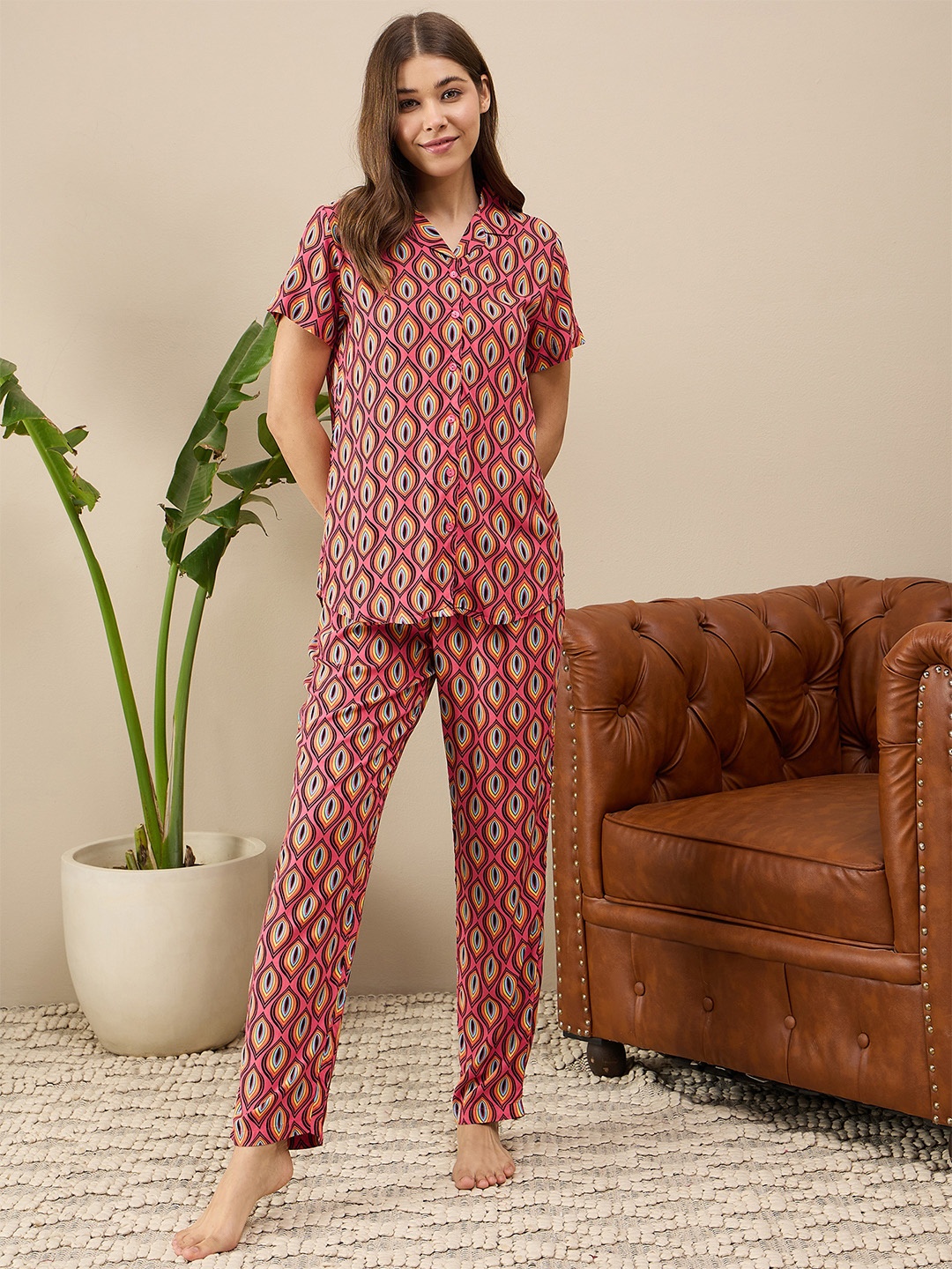

July Geometric Printed Lapel Collar Shirt & Pyjama, Pink