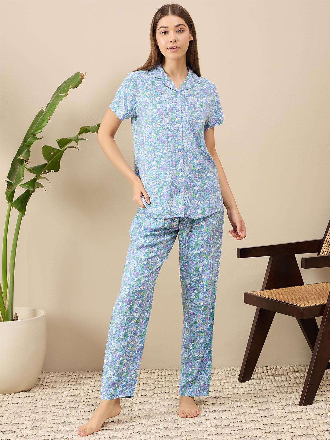 

July Women Blue Printed Night suit