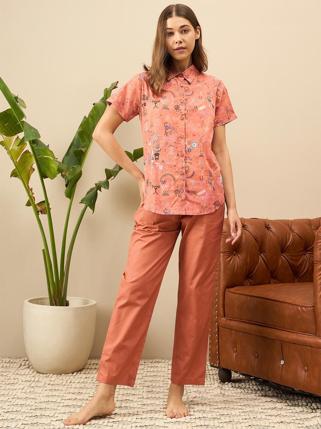 

July Printed Shirt & Trousers Co-Ords, Brown