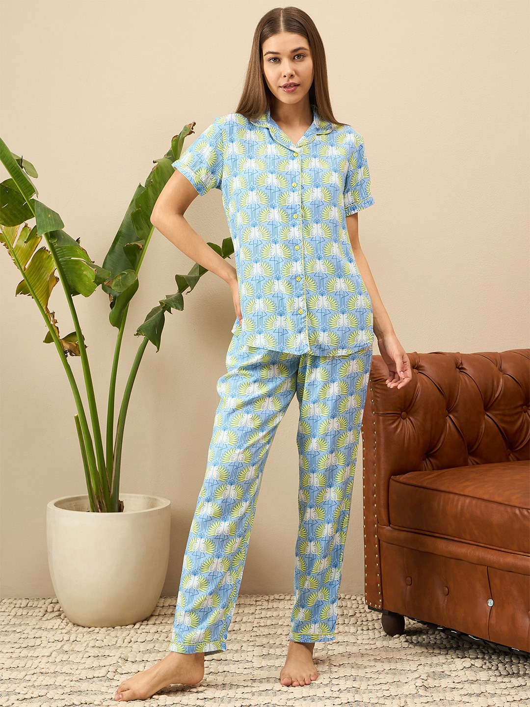 

July Ethnic Motifs Printed Shirt & Pyjama, Blue