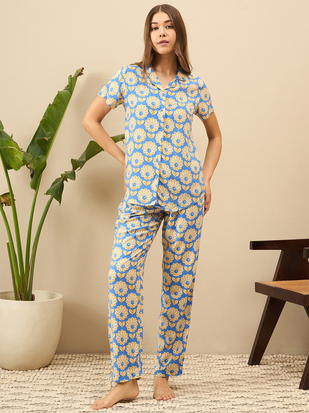

July Floral Printed Lapel Collar Short Sleeve Night suit, Blue