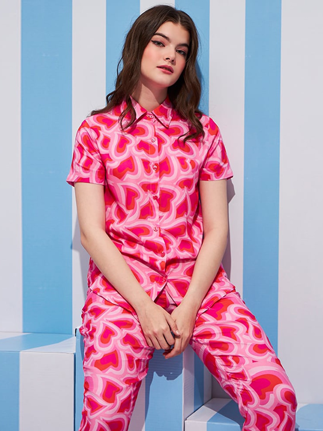 

July Geometric Printed Shirt Collar Night suit, Pink