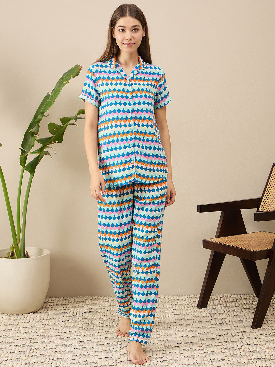 

July Geometric Printed Lapel Collar Night suit, Blue