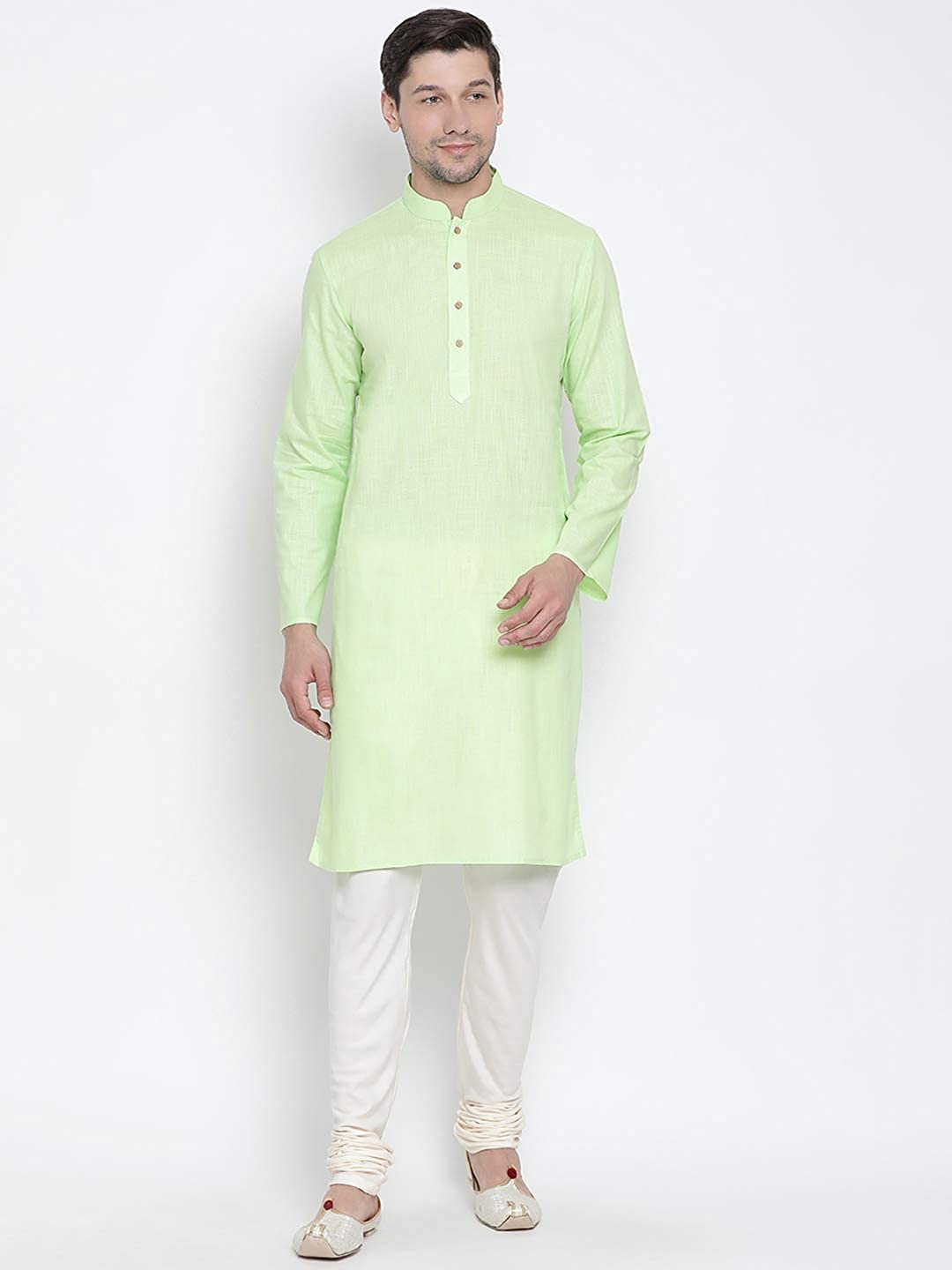 

ROYAL KURTA Mandarin Collar Pure Cotton Kurta With Churidar, Green