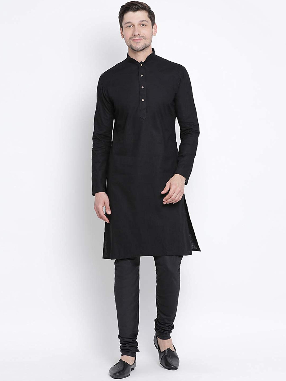 

ROYAL KURTA Mandarin Collar Regular Pure Cotton Kurta with Churidar, Black