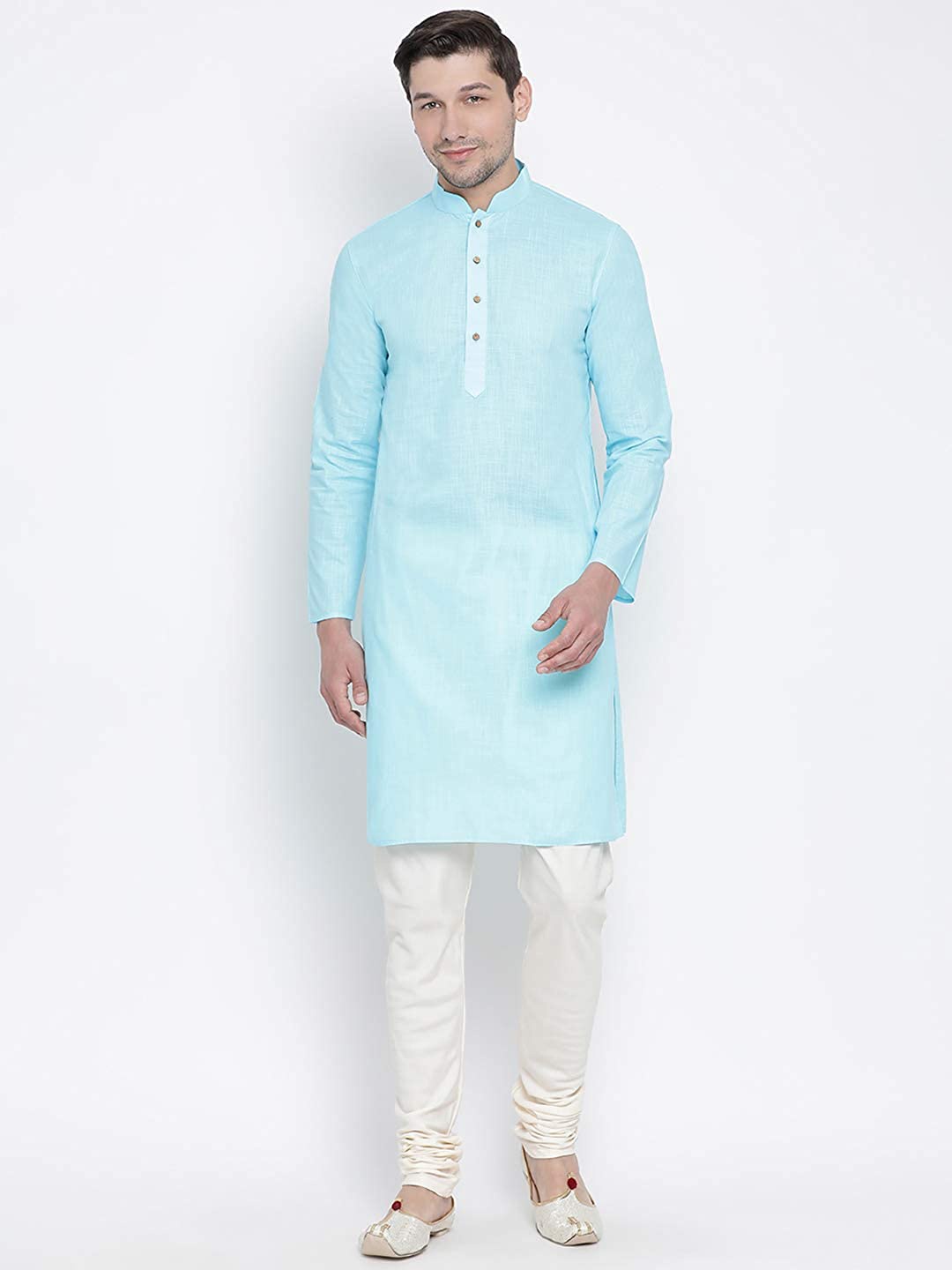 

ROYAL KURTA Mandarin Collar Pure Cotton Kurta with Churidar, Blue