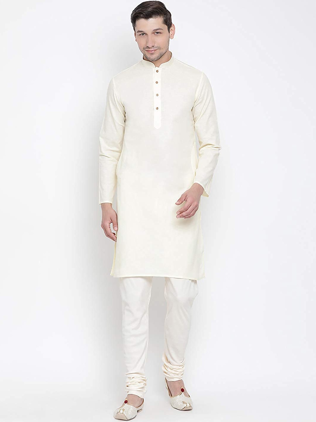 

ROYAL KURTA Mandarin Collar Pure Cotton Kurta with Churidar, Beige