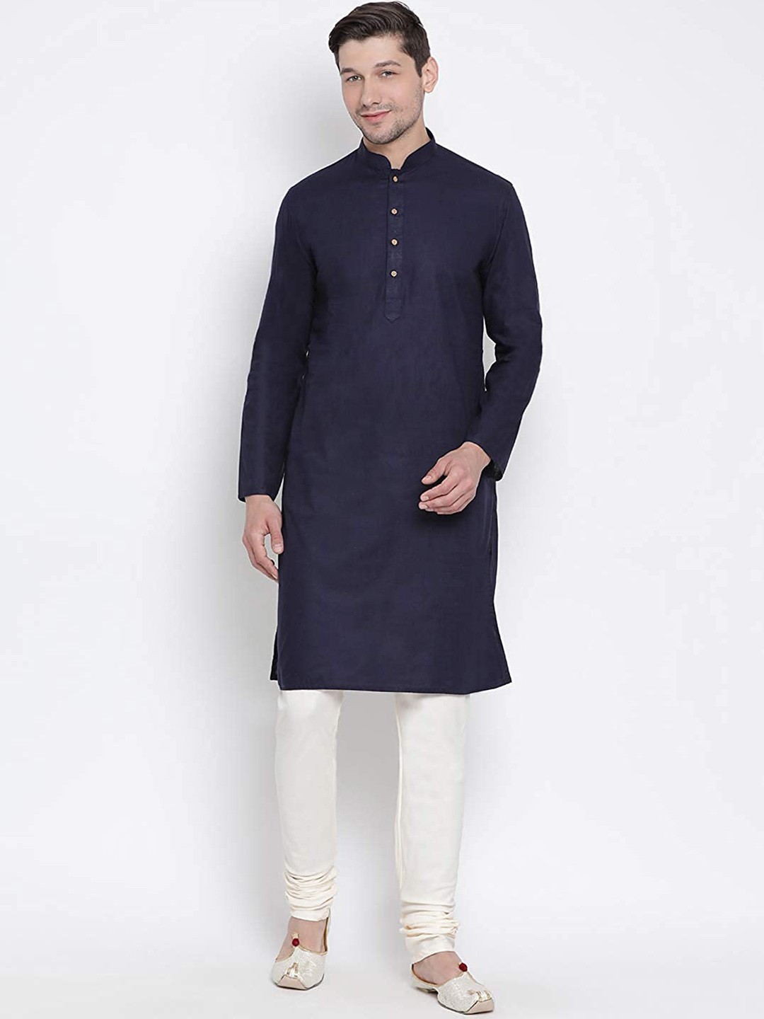 

ROYAL KURTA Mandarin Collar Pure Cotton Kurta with Churidar, Navy blue