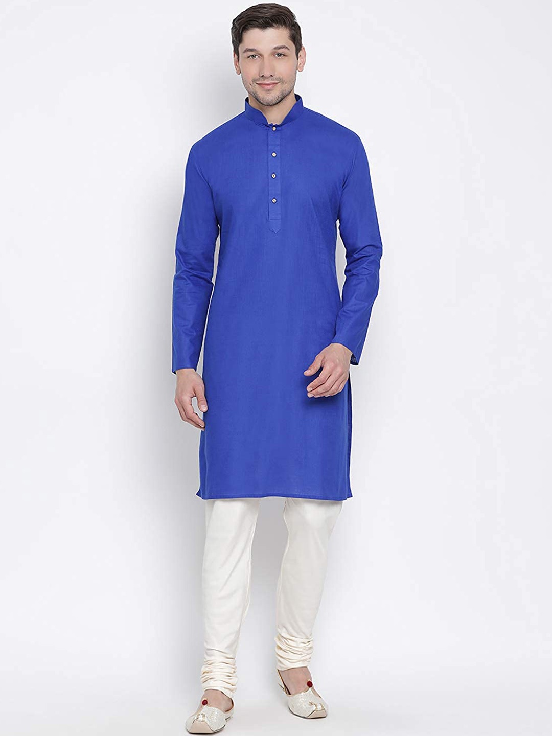 

ROYAL KURTA Mandarin Collar Pure Cotton Kurta with Churidar, Blue