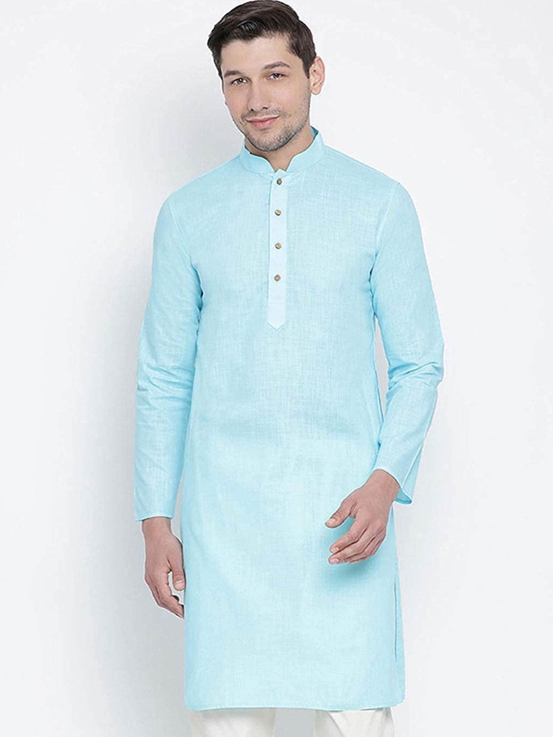 

ROYAL KURTA Solid Mandarin Collar Straight Kurta, Blue