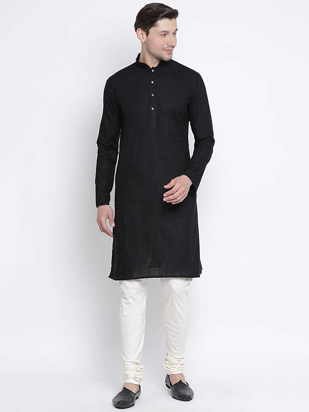 

ROYAL KURTA Mandarin Collar Pure Cotton Kurta with Churidar, Black