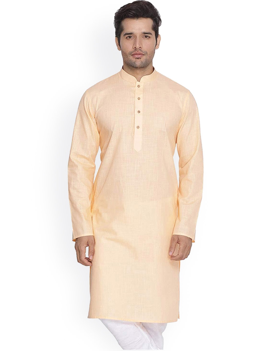 

ROYAL KURTA Solid Mandarin Collar Straight Kurta, Beige