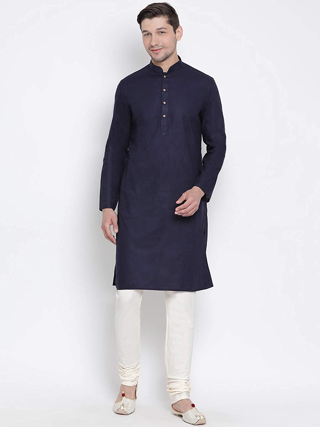 

ROYAL KURTA Solid Mandarin Collar Straight Kurta, Navy blue