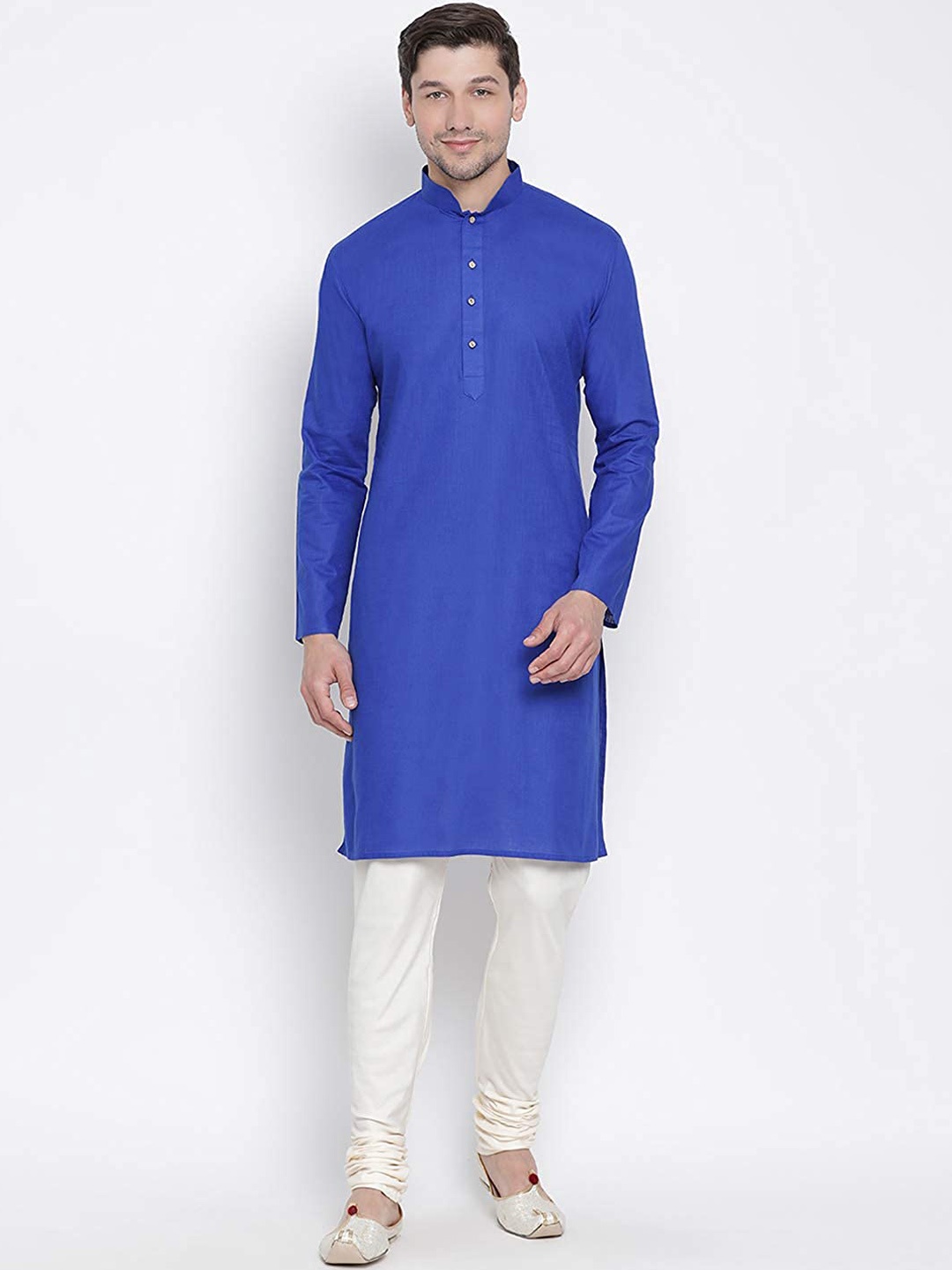 

ROYAL KURTA Mandarin Collar Straight Cotton Kurta, Blue
