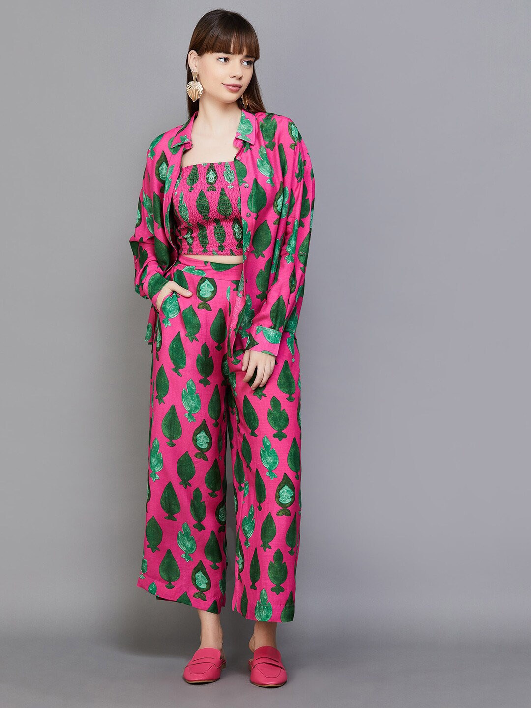 

Colour Me by Melange Printed Shoulder Straps Crop Top With Trousers & Shirt, Pink