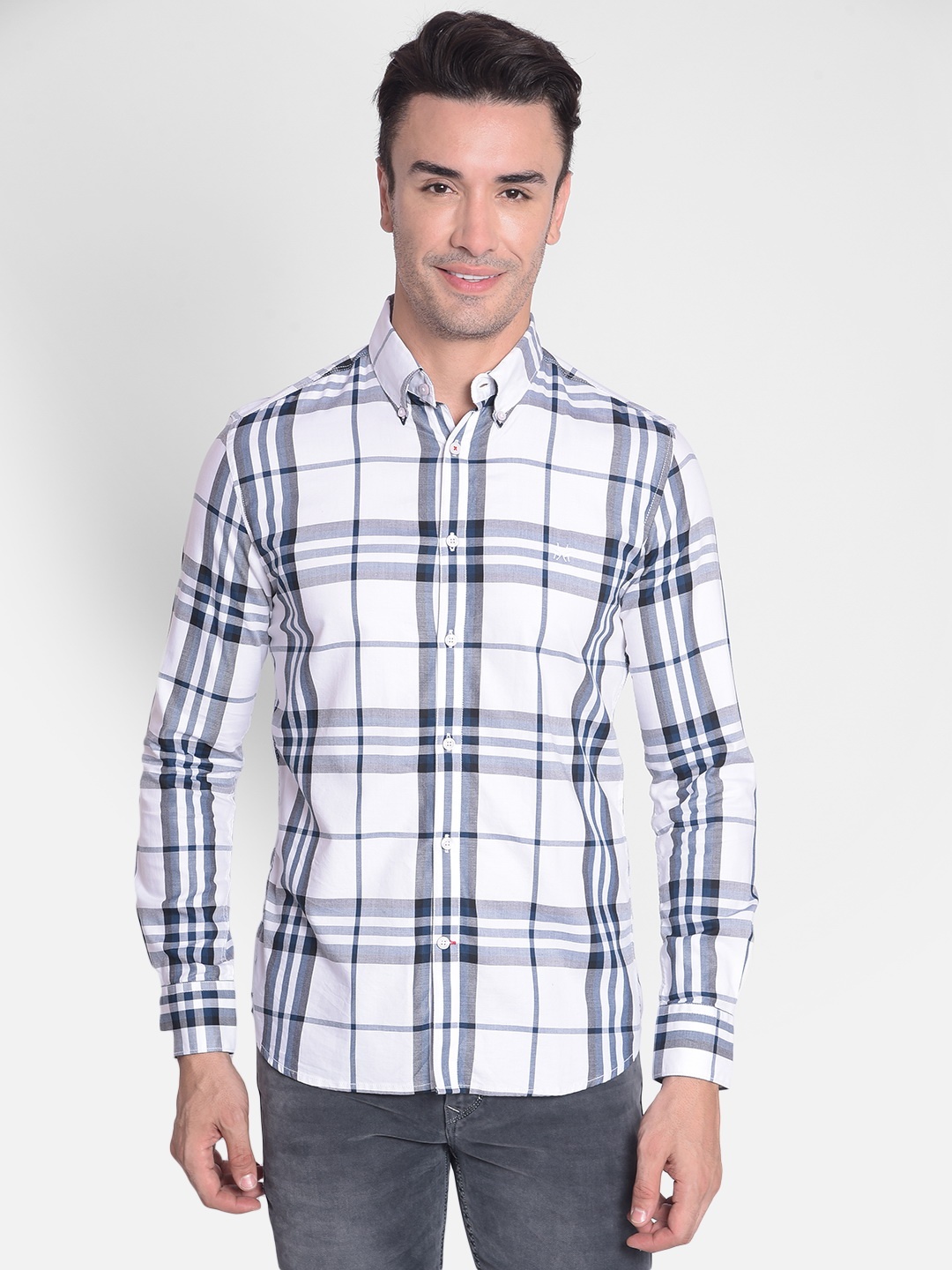 

Crimsoune Club Slim Fit Tartan Checks Button-Down Collar Cotton Casual Shirt, White