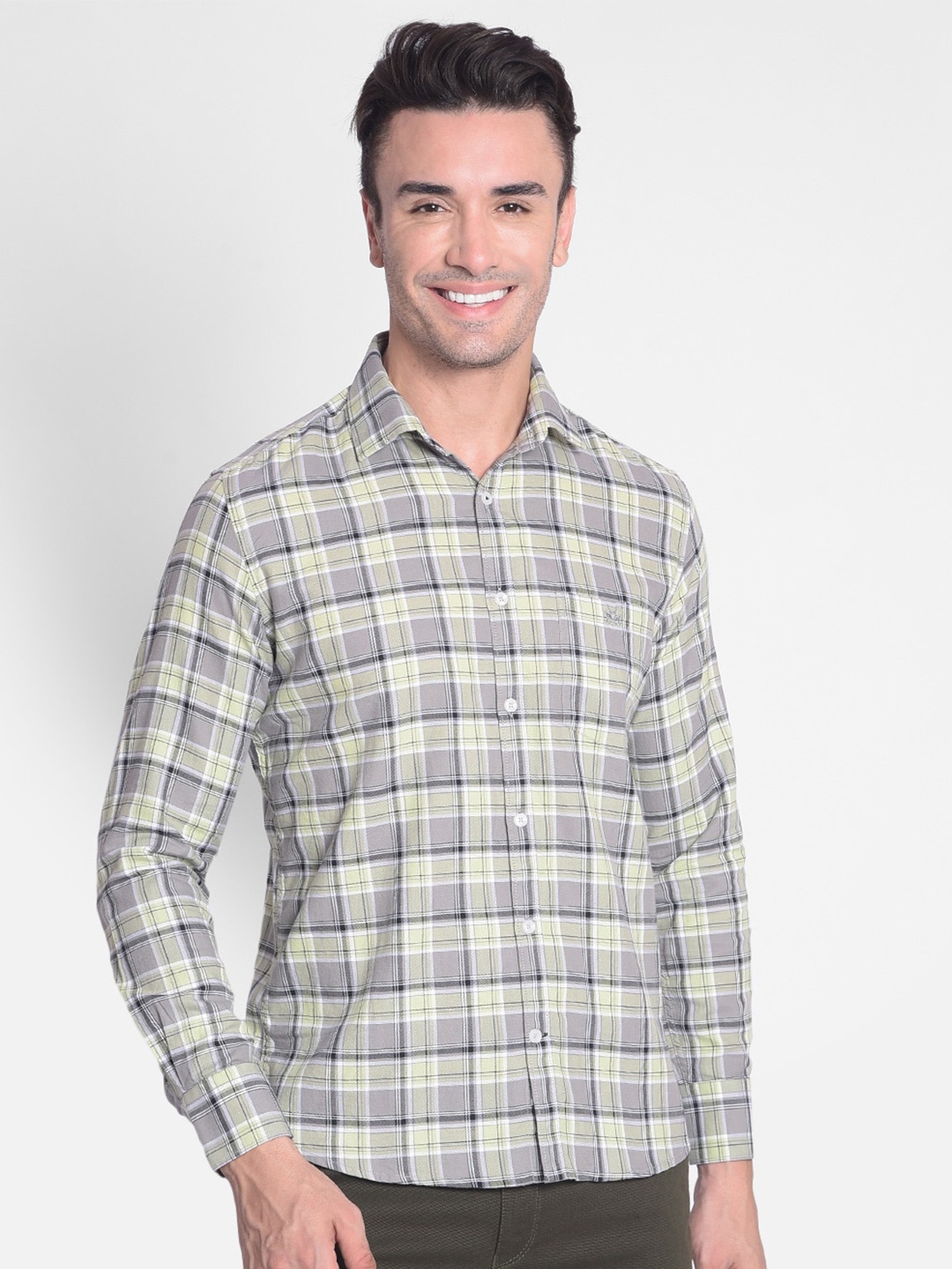 

Crimsoune Club Slim Fit Checked Spread Collar Long Sleeves Pure Cotton Casual Shirt, Grey