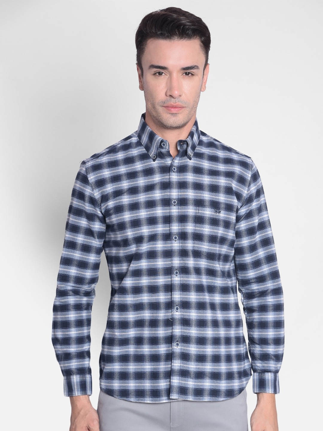 

Crimsoune Club Slim Fit Checked Pure Cotton Casual Shirt, Navy blue